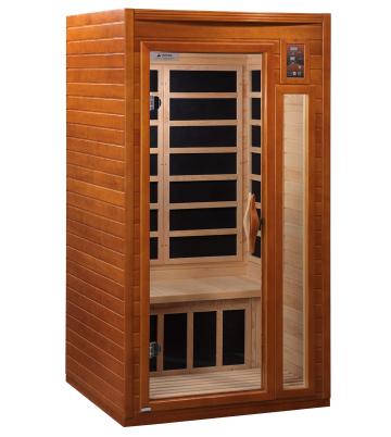 Dynamic Barcelona 1-2-person Low EMF (Under 8MG) FAR Infrared Sauna (Canadian Hemlock) DYN-6106-01 by Golden Designs Crafted from natural hemlock wood, this sauna features 6 carbon heating elements for even heat distribution. Enjoy user-friendly controls, chromotherapy lighting, music system, and privacy with the tempered glass door. Easy assembly and durable construction ensure a hassle-free experience. 