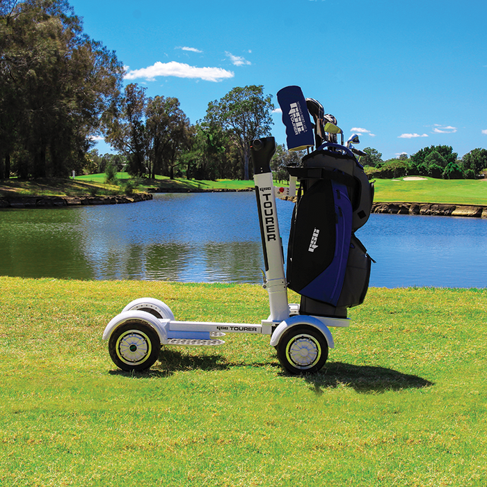This is the NEW 2023 Golf Skate Caddy (GSC) Tourer. After the success of the V3, GSC followed up with the Tourer Model that stands in a more traditional forward stance as opposed to the "skateboard style" V3. Not only is it fun to ride but golfers of all ages will experience a faster-paced game. The GSC TOURER™ rider can ‘ride the turf’ cruising to their own ball, without having to wait for their co-player as in a traditional golf cart.