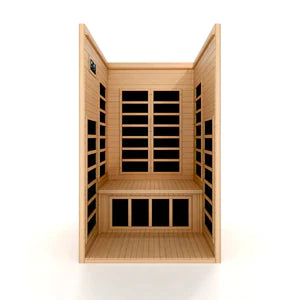 Dynamic Gracia 1-2-person Low EMF (Under 8MG) FAR Infrared Sauna (Canadian Hemlock) DYN-6119-01 by Golden Designs Dynamic Saunas are constructed of environmentally-friendly Canadian Hemlock wood planks. Our saunas feature energy efficient Low EMF FAR infrared heating panels that help relax and rejuvenate the body. Dynamic Saunas can be installed on carpet or any indoor location including basements, master bath, walk in closet or can also be added it to a fitness room.