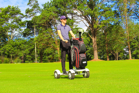 This is the NEW 2023 Golf Skate Caddy (GSC) Tourer. After the success of the V3, GSC followed up with the Tourer Model that stands in a more traditional forward stance as opposed to the "skateboard style" V3. Not only is it fun to ride but golfers of all ages will experience a faster-paced game. The GSC TOURER™ rider can ‘ride the turf’ cruising to their own ball, without having to wait for their co-player as in a traditional golf cart.