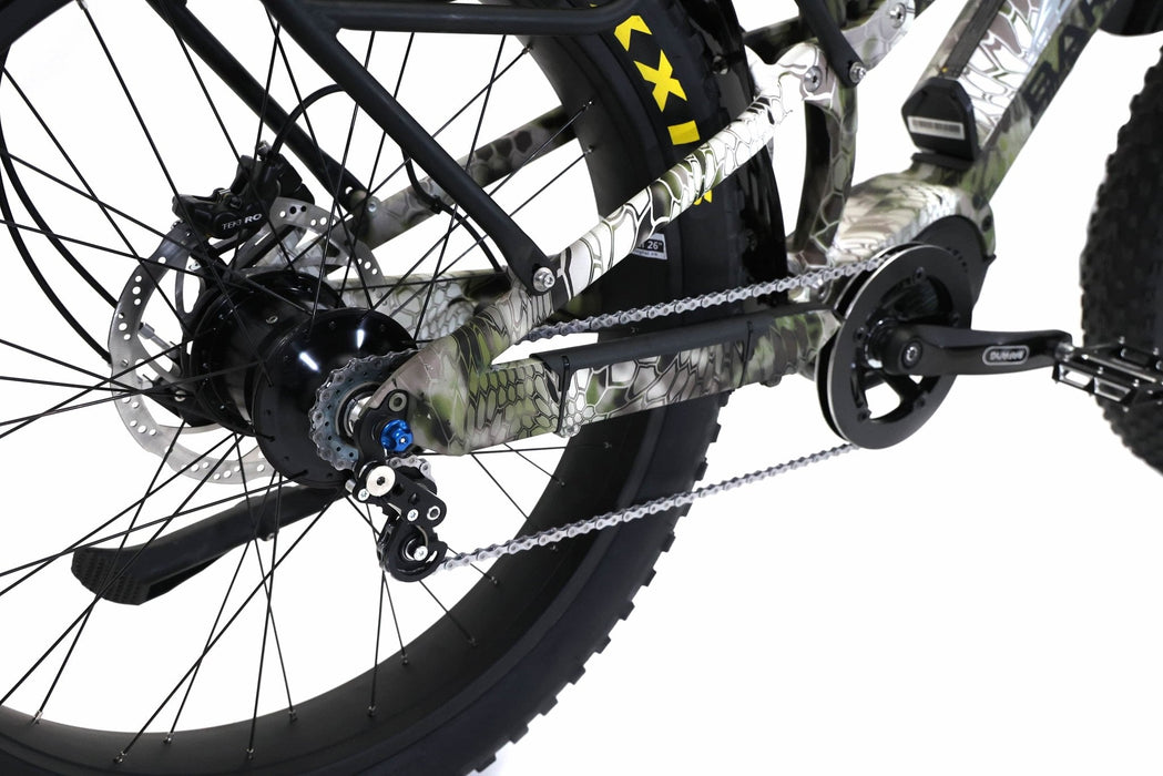 Bakcou Storm Jäger 1000W Full-Suspension IGH Fat Tire Electric Bike The #1 selling full-suspension, fat-tire electric bike, redefined. If it’s gnarly, rugged, steep, or technical, look no further than the full-suspension Storm Jäger. This bike will chew up those rocky climbs and steep descents with ease, while still allowing you to pull that trailer full of gear to and from your tree stand, blind, or favorite hunting spot. 