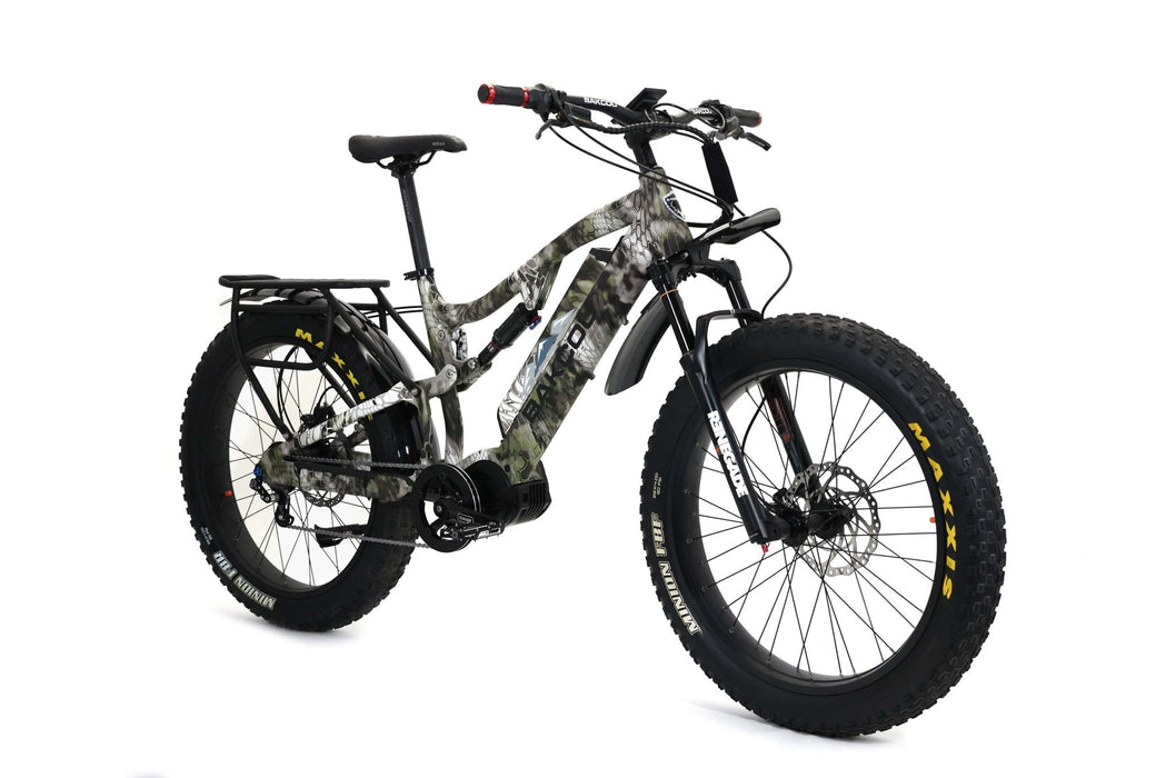 Bakcou Storm Jäger 1000W Full-Suspension IGH Fat Tire Electric Bike The #1 selling full-suspension, fat-tire electric bike, redefined. If it’s gnarly, rugged, steep, or technical, look no further than the full-suspension Storm Jäger. This bike will chew up those rocky climbs and steep descents with ease, while still allowing you to pull that trailer full of gear to and from your tree stand, blind, or favorite hunting spot. 