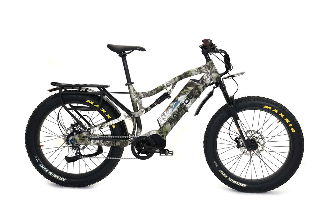 Bakcou Storm Jäger 1000W Full-Suspension IGH Fat Tire Electric Bike The #1 selling full-suspension, fat-tire electric bike, redefined. If it’s gnarly, rugged, steep, or technical, look no further than the full-suspension Storm Jäger. This bike will chew up those rocky climbs and steep descents with ease, while still allowing you to pull that trailer full of gear to and from your tree stand, blind, or favorite hunting spot. 