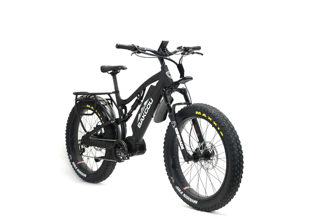 Bakcou Storm Jäger 1000W Full-Suspension IGH Fat Tire Electric Bike The #1 selling full-suspension, fat-tire electric bike, redefined. If it’s gnarly, rugged, steep, or technical, look no further than the full-suspension Storm Jäger. This bike will chew up those rocky climbs and steep descents with ease, while still allowing you to pull that trailer full of gear to and from your tree stand, blind, or favorite hunting spot. 