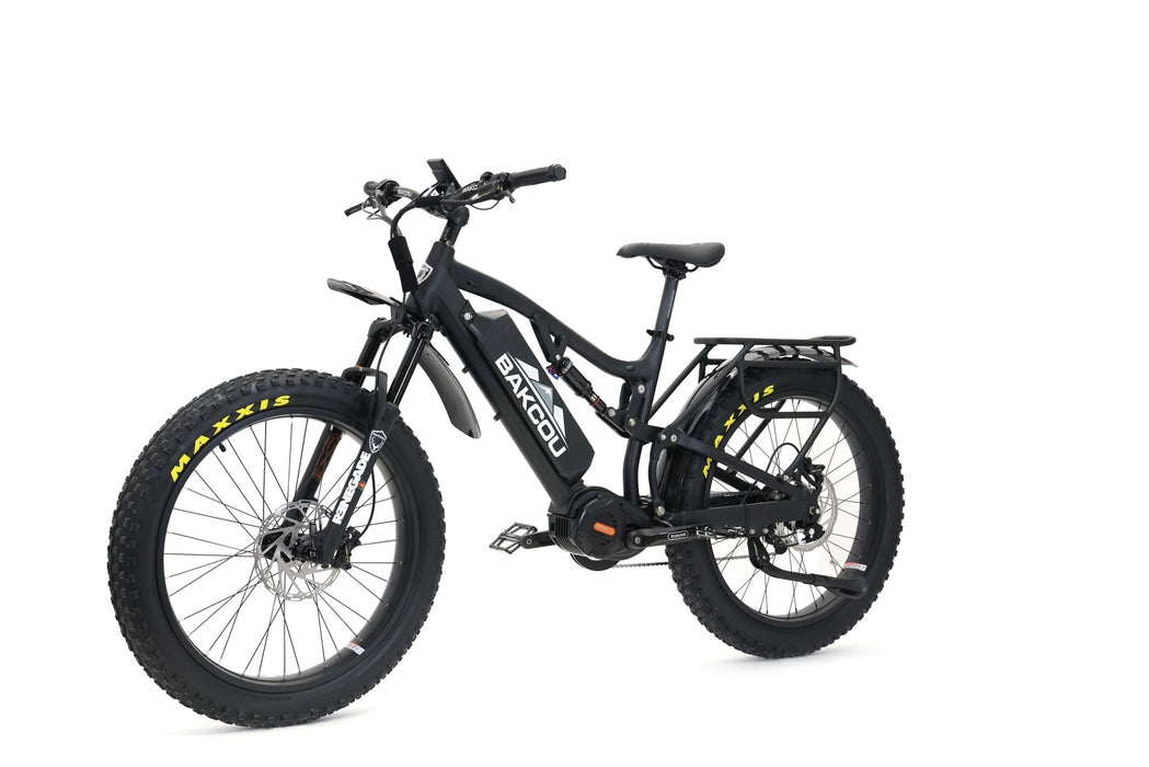 Bakcou Storm Jäger 1000W Full-Suspension IGH Fat Tire Electric Bike The #1 selling full-suspension, fat-tire electric bike, redefined. If it’s gnarly, rugged, steep, or technical, look no further than the full-suspension Storm Jäger. This bike will chew up those rocky climbs and steep descents with ease, while still allowing you to pull that trailer full of gear to and from your tree stand, blind, or favorite hunting spot. 