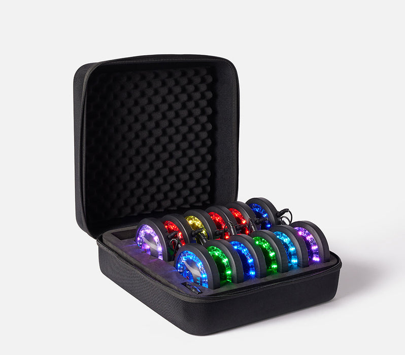The FITLIGHT® system is a wireless LED lights system designed for elite reaction and cognitive training. Patented sensors register both impact (touch) and motion. Lights are incredibly durable and flexible, and the system can be used indoors or outdoors up to 50M-75M away from the device. Accessories include velcro attachments, charging cables, and a carrying bag for portability. Operated with a subscription-free App, users can customize and choose from over 30 preprogrammed drills in 8 categories