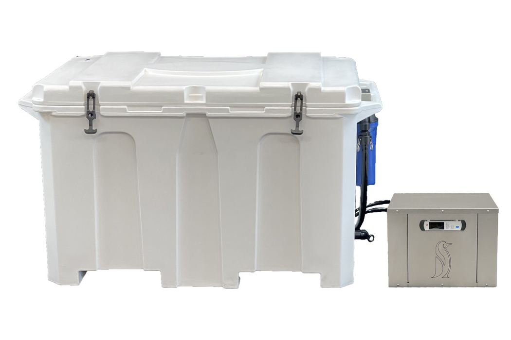 Penguin Chillers Plug & Play Cold Therapy Chiller & Insulated Tub. Revolutionary Cryospring Ice Bath Chiller - Ideal for cooling and heating up to 150-gallon plunges. 1hp rotary compressor, 37°F to 107°F adjustability, self-priming pump, two-stage filtration, automated ozone sanitation, splash-proof touch screen, Wi-Fi, indoor/outdoor use, 110v outlet with GFCI. 30-day money-back guarantee, 1yr warranty, lifetime support.