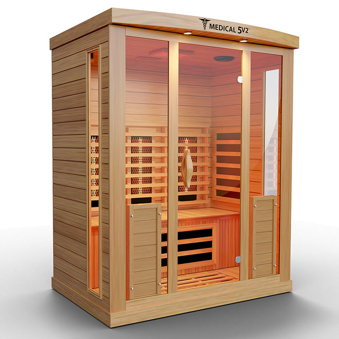 Medical Sauna 5 V2 Full Spectrum 3D Heat Therapy Detoxing & Recovery  Doctor Based - The ONLY sauna designed by doctors. Made to improve blood flow, reduce headaches and migraines, heal your muscles, and achieve absolute pain relief for a better night's sleep.  To create the ultimate medical sauna, we worked with many medical doctors, pain specialists, and cardiologists. 