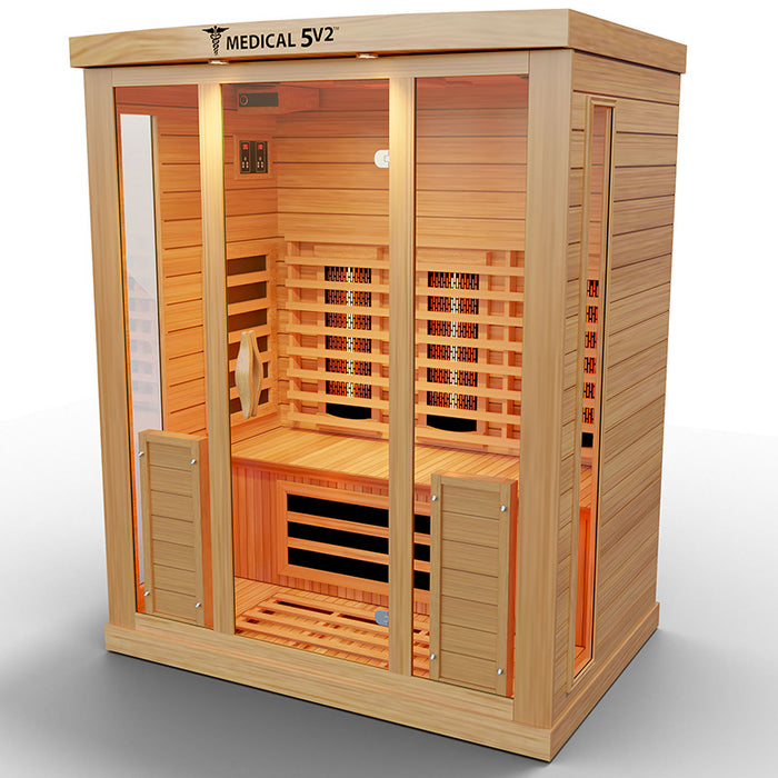 Medical Sauna 5 V2 Full Spectrum 3D Heat Therapy Detoxing & Recovery  Doctor Based - The ONLY sauna designed by doctors. Made to improve blood flow, reduce headaches and migraines, heal your muscles, and achieve absolute pain relief for a better night's sleep.  To create the ultimate medical sauna, we worked with many medical doctors, pain specialists, and cardiologists. 