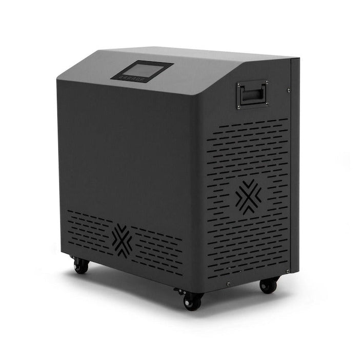 Cryospring Portable Ice Bath Chiller - Ideal for cooling and heating up to 150-gallon plunges. Features a 1hp rotary compressor, 37°F to 107°F temperature adjustability, self-priming pump, two-stage filtration, automated ozone sanitation, splash-proof touch screen, Wi-Fi enabled, indoor/outdoor use, standard 110v outlet with GFCI. Includes 30-day money-back guarantee, 1-year warranty, and lifetime product support.