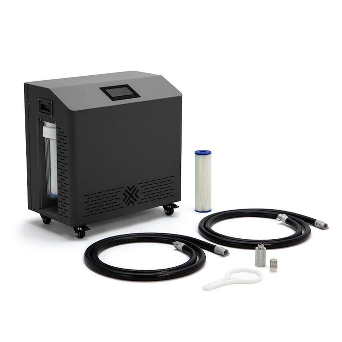 Cryospring Portable Ice Bath Chiller - Ideal for cooling and heating up to 150-gallon plunges. Features a 1hp rotary compressor, 37°F to 107°F temperature adjustability, self-priming pump, two-stage filtration, automated ozone sanitation, splash-proof touch screen, Wi-Fi enabled, indoor/outdoor use, standard 110v outlet with GFCI. Includes 30-day money-back guarantee, 1-year warranty, and lifetime product support.