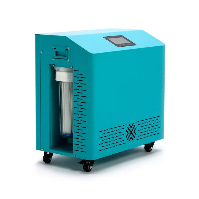 Cryospring Portable Ice Bath Chiller - Ideal for cooling and heating up to 150-gallon plunges. Features a 1hp rotary compressor, 37°F to 107°F temperature adjustability, self-priming pump, two-stage filtration, automated ozone sanitation, splash-proof touch screen, Wi-Fi enabled, indoor/outdoor use, standard 110v outlet with GFCI. Includes 30-day money-back guarantee, 1-year warranty, and lifetime product support.