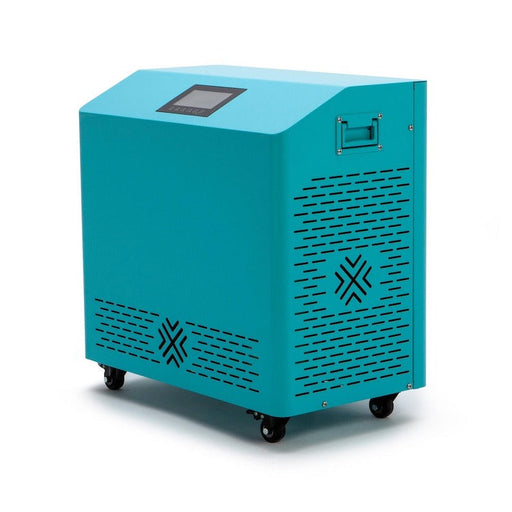 Cryospring Portable Ice Bath Chiller - Ideal for cooling and heating up to 150-gallon plunges. Features a 1hp rotary compressor, 37°F to 107°F temperature adjustability, self-priming pump, two-stage filtration, automated ozone sanitation, splash-proof touch screen, Wi-Fi enabled, indoor/outdoor use, standard 110v outlet with GFCI. Includes 30-day money-back guarantee, 1-year warranty, and lifetime product support.