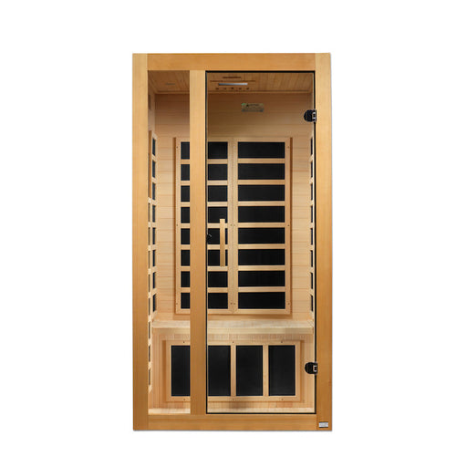 Dynamic Gracia 1-2-person Low EMF (Under 8MG) FAR Infrared Sauna (Canadian Hemlock) DYN-6119-01 by Golden Designs Dynamic Saunas are constructed of environmentally-friendly Canadian Hemlock wood planks. Our saunas feature energy efficient Low EMF FAR infrared heating panels that help relax and rejuvenate the body. Dynamic Saunas can be installed on carpet or any indoor location including basements, master bath, walk in closet or can also be added it to a fitness room.