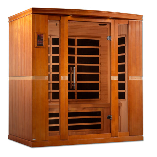 Dynamic Bergamo 4-person Low EMF (Under 8MG) FAR Infrared Sauna (Canadian Hemlock) DYN-6440-01 by Golden Designs    Dynamic Low EMF Saunas are constructed with the environment in mind which accounts for the use of reforested Canadian Hemlock wood. The sauna walls are double paneled and constructed with the thickest interior and exterior wood planks compared to others in the industry. This results in a quality sauna that retains heat more efficiently, heats up faster, and wastes less energy.