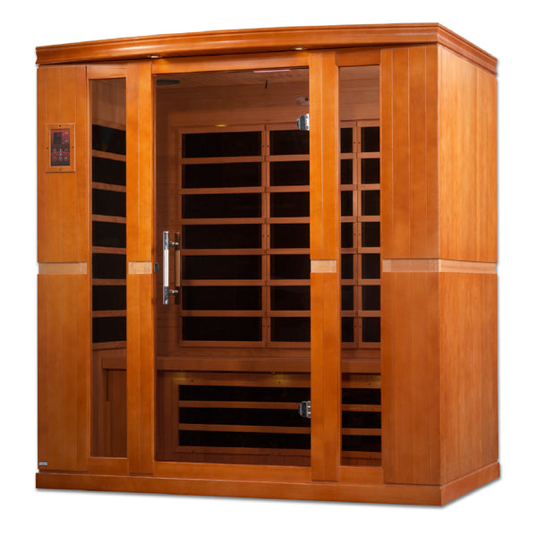 Dynamic Bergamo 4-person Low EMF (Under 8MG) FAR Infrared Sauna (Canadian Hemlock) DYN-6440-01 by Golden Designs    Dynamic Low EMF Saunas are constructed with the environment in mind which accounts for the use of reforested Canadian Hemlock wood. The sauna walls are double paneled and constructed with the thickest interior and exterior wood planks compared to others in the industry. This results in a quality sauna that retains heat more efficiently, heats up faster, and wastes less energy.