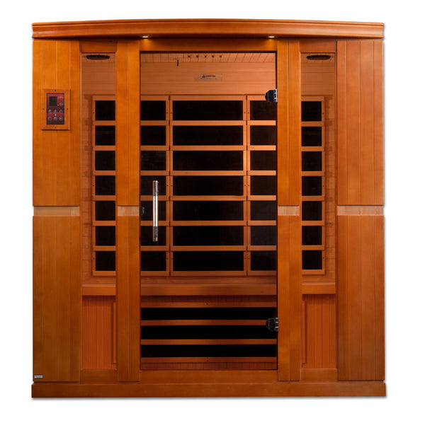 Dynamic Bergamo 4-person Low EMF (Under 8MG) FAR Infrared Sauna (Canadian Hemlock) DYN-6440-01 by Golden Designs    Dynamic Low EMF Saunas are constructed with the environment in mind which accounts for the use of reforested Canadian Hemlock wood. The sauna walls are double paneled and constructed with the thickest interior and exterior wood planks compared to others in the industry. This results in a quality sauna that retains heat more efficiently, heats up faster, and wastes less energy.