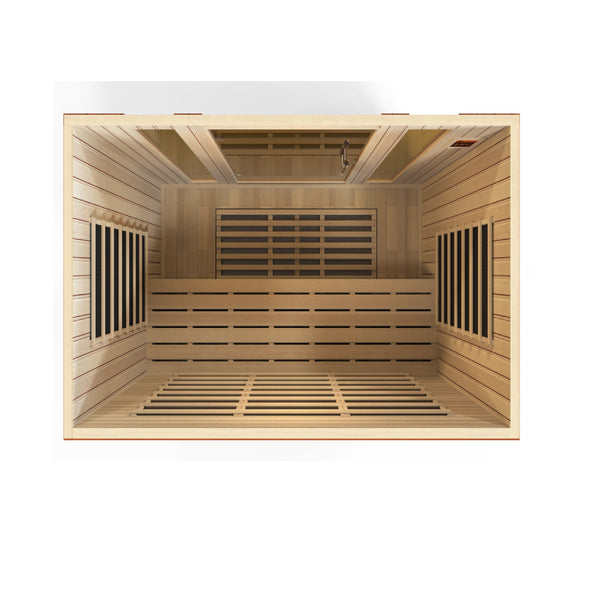 Dynamic Bergamo 4-person Low EMF (Under 8MG) FAR Infrared Sauna (Canadian Hemlock) DYN-6440-01 by Golden Designs    Dynamic Low EMF Saunas are constructed with the environment in mind which accounts for the use of reforested Canadian Hemlock wood. The sauna walls are double paneled and constructed with the thickest interior and exterior wood planks compared to others in the industry. This results in a quality sauna that retains heat more efficiently, heats up faster, and wastes less energy.