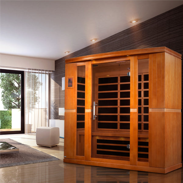 Dynamic Bergamo 4-person Low EMF (Under 8MG) FAR Infrared Sauna (Canadian Hemlock) DYN-6440-01 by Golden Designs    Dynamic Low EMF Saunas are constructed with the environment in mind which accounts for the use of reforested Canadian Hemlock wood. The sauna walls are double paneled and constructed with the thickest interior and exterior wood planks compared to others in the industry. This results in a quality sauna that retains heat more efficiently, heats up faster, and wastes less energy.