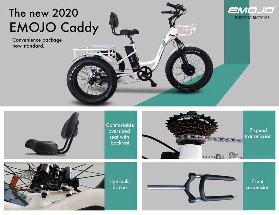 Emojo Caddy PRO 48V Lithium-Ion Battery 500W Motor Hydraulic Brakes The EMOJO Caddy PRO electric tricycle is an upgraded version of the original EMOJO Caddy electric tricycle. The Caddy PRO's upgraded features include Hydraulic Brakes, Front Suspension, a Comfortable Oversized Seat with Backrest, and now comes with 7 Speeds.  Also the front and rear baskets are white instead of black.