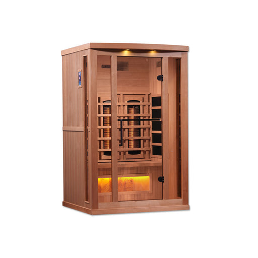 Golden Designs 2-Person Full Spectrum PureTech™ Near Zero EMF FAR Infrared Sauna with Himalayan Salt Bar (Canadian Hemlock) GDI-8020-02 Our PureTech™ Near Zero EMF infrared Carbon Energy Efficient heating panel heaters are 30% larger than saunas heated by ceramic tubes and penetrate skin 40% more to maximize therapeutic benefits.