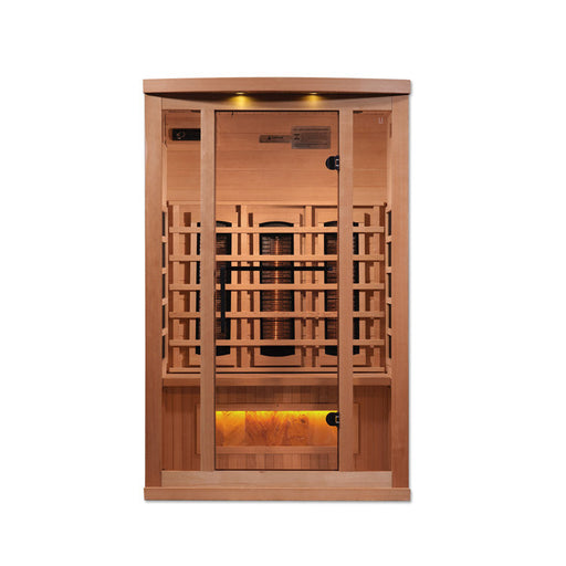 Golden Designs 2-Person Full Spectrum PureTech™ Near Zero EMF FAR Infrared Sauna with Himalayan Salt Bar (Canadian Hemlock) GDI-8020-02 Our PureTech™ Near Zero EMF infrared Carbon Energy Efficient heating panel heaters are 30% larger than saunas heated by ceramic tubes and penetrate skin 40% more to maximize therapeutic benefits.