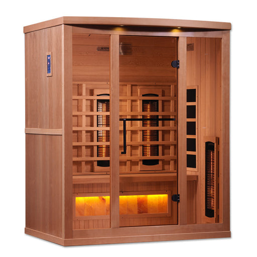 Experience the ultimate in sauna luxury with the Golden Designs 3-Person Full Spectrum PureTech™ Near Zero EMF FAR Infrared Sauna with Himalayan Salt Bar GDI-8030-02. Crafted with 100% Canadian Hemlock Fir, this sauna provides a premium and environmentally conscious sauna experience. With its advanced features and exceptional construction, it's the perfect addition to your wellness routine.