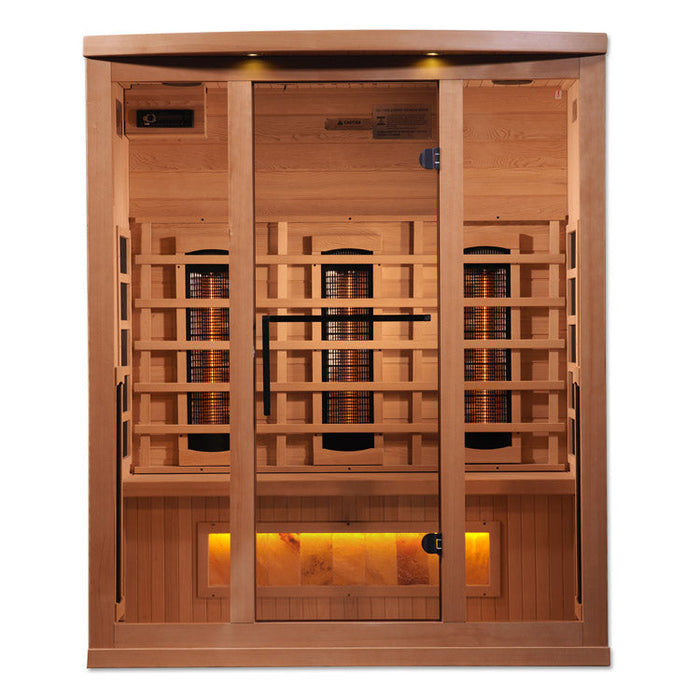 Experience the ultimate in sauna luxury with the Golden Designs 3-Person Full Spectrum PureTech™ Near Zero EMF FAR Infrared Sauna with Himalayan Salt Bar GDI-8030-02. Crafted with 100% Canadian Hemlock Fir, this sauna provides a premium and environmentally conscious sauna experience. With its advanced features and exceptional construction, it's the perfect addition to your wellness routine.