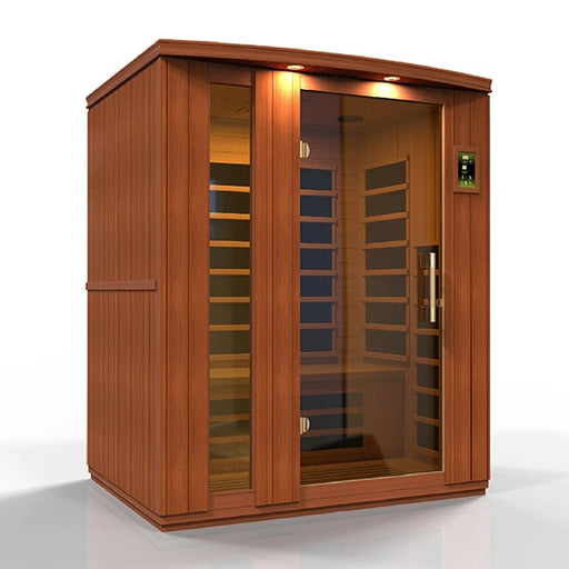 Dynamic Lugano Edition 3-Person Low EMF FAR Infrared Sauna (Canadian Hemlock)DYN-6336-02 by Golden Designs Transform your home into a wellness oasis and experience the ultimate in sauna luxury with the Dynamic Lugano 3-Person Low EMF FAR Infrared Sauna. Crafted with the environment in mind, this sauna is constructed using reforested Canadian Hemlock wood, ensuring sustainability and beauty in one. Unwind, relax, and rejuvenate your body and mind in the comfort of your own space. 