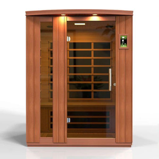 Dynamic Lugano Edition 3-Person Low EMF FAR Infrared Sauna (Canadian Hemlock)DYN-6336-02 by Golden Designs Transform your home into a wellness oasis and experience the ultimate in sauna luxury with the Dynamic Lugano 3-Person Low EMF FAR Infrared Sauna. Crafted with the environment in mind, this sauna is constructed using reforested Canadian Hemlock wood, ensuring sustainability and beauty in one. Unwind, relax, and rejuvenate your body and mind in the comfort of your own space. 