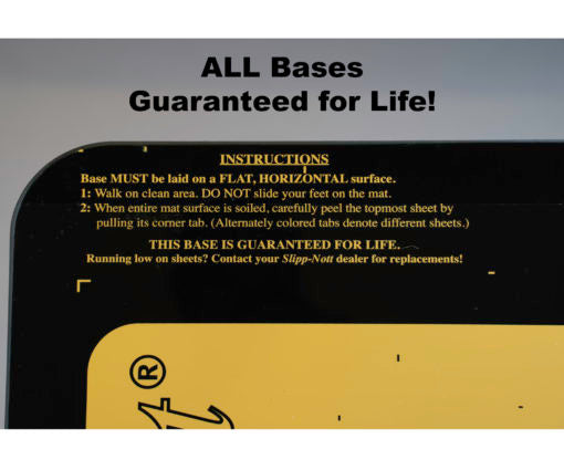 Slipp-Nott to instantly remove dirt buildup from the soles of your athletic shoes and stop slipping! Clean shoe soles mean greater grip on hardwood, waxy floors, giving you the traction you need for safe stops and quick starts. The Large Set is designed for home games. This size has been used for all the NCAA Basketball Championships since 1994. The large set consists of a large base (28" x 29") and large 60 sheet mat (26" x 26"). 