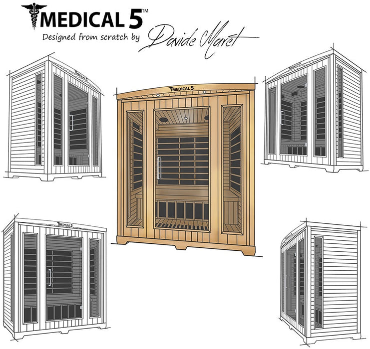 Medical 5 Infrared 3-Person Sauna 3D Heat Therapy™ & Detox Cleansing Doctor Based - The ONLY sauna designed by doctors. Made to improve blood flow, reduce headaches and migraines, heal your muscles, and achieve absolute pain relief for a better night's sleep. To create the ultimate medical sauna, we worked with many medical doctors, pain specialists, and cardiologists. We spent years researching health benefits of saunas, and added as many medical components as we could find.
