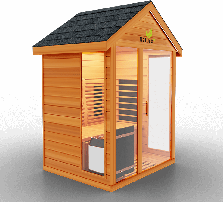 Medical Saunas Nature 7 Outdoor 3-Person Hybrid Infrared & Steam Sauna The Nature 7 is a hybrid sauna with 12 Ultra Full Spectrum Heaters™ - which have shown to be stronger than typical infrared heaters - and 1 traditional sauna stove. This hybrid system allows you to fully reap the benefits of both sauna types with no compromises in quality.