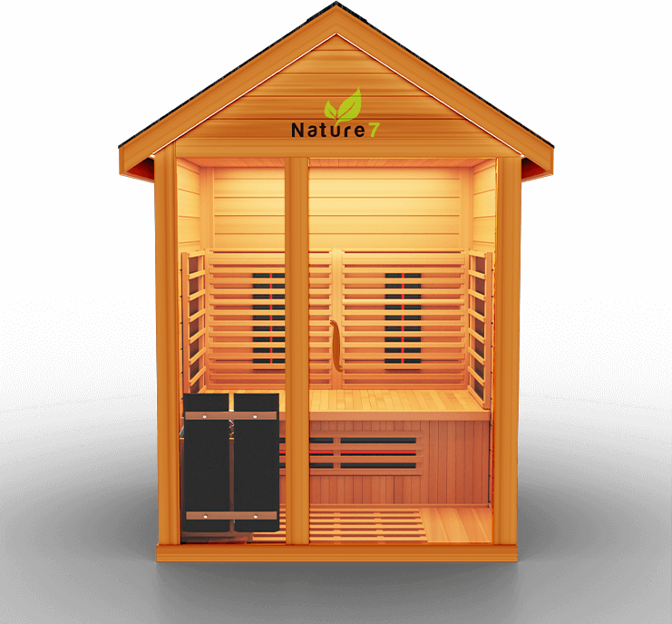 Medical Saunas Nature 7 Outdoor 3-Person Hybrid Infrared & Steam Sauna The Nature 7 is a hybrid sauna with 12 Ultra Full Spectrum Heaters™ - which have shown to be stronger than typical infrared heaters - and 1 traditional sauna stove. This hybrid system allows you to fully reap the benefits of both sauna types with no compromises in quality.