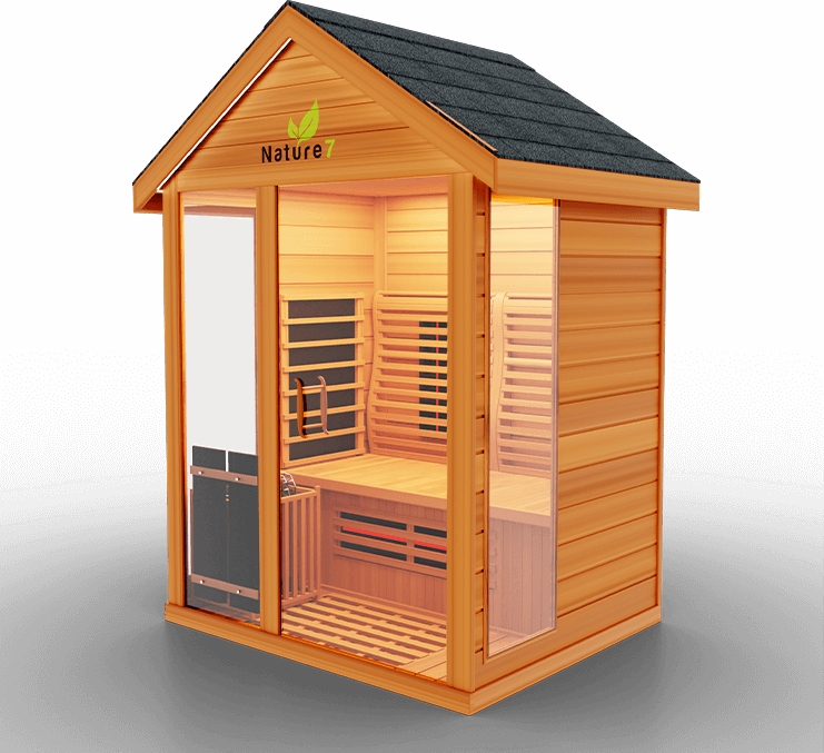 Medical Saunas Nature 7 Outdoor 3-Person Hybrid Infrared & Steam Sauna The Nature 7 is a hybrid sauna with 12 Ultra Full Spectrum Heaters™ - which have shown to be stronger than typical infrared heaters - and 1 traditional sauna stove. This hybrid system allows you to fully reap the benefits of both sauna types with no compromises in quality.