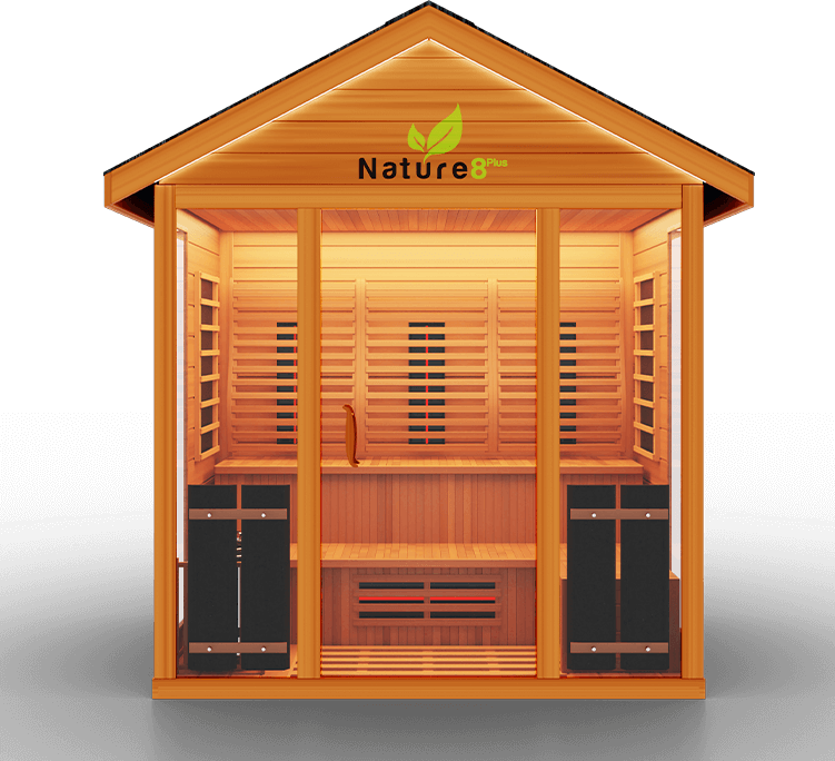 Medical Saunas Nature 8 Plus Outdoor Hybrid Infrared and Steam Sauna The Nature 8 Plus is a hybrid sauna with 14 Ultra Full Spectrum Heaters™ - which have shown to be stronger than typical infrared heaters - and 1 traditional sauna stove. This hybrid system allows you to fully reap the benefits of both sauna types with no compromises in quality.