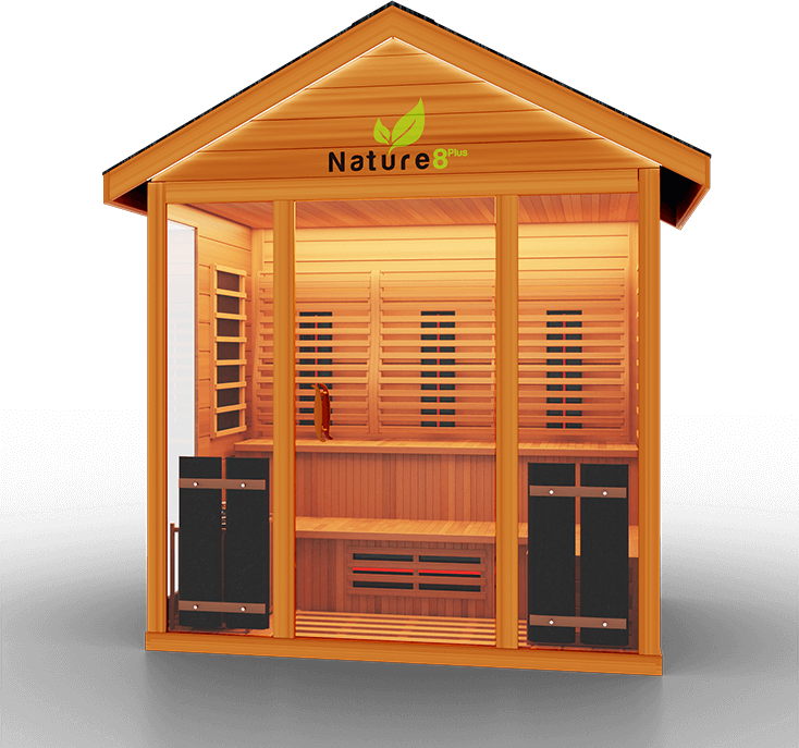 Medical Saunas Nature 8 Plus Outdoor Hybrid Infrared and Steam Sauna The Nature 8 Plus is a hybrid sauna with 14 Ultra Full Spectrum Heaters™ - which have shown to be stronger than typical infrared heaters - and 1 traditional sauna stove. This hybrid system allows you to fully reap the benefits of both sauna types with no compromises in quality.