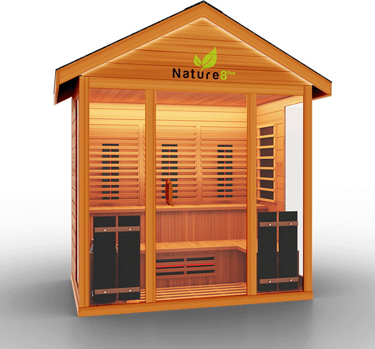 Medical Saunas Nature 8 Plus Outdoor Hybrid Infrared and Steam Sauna The Nature 8 Plus is a hybrid sauna with 14 Ultra Full Spectrum Heaters™ - which have shown to be stronger than typical infrared heaters - and 1 traditional sauna stove. This hybrid system allows you to fully reap the benefits of both sauna types with no compromises in quality.