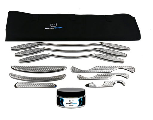  HawkGrips IASTM Myofascial Soft-Tissue Release Platinum Set HGP. The HawkGrips Platinum set contains nine instruments, providing the most options for the user. Includes Small, Medium, and Large Handlebar instruments (HG1-HG3), all six small instruments (HG4-HG9), roll-up carrying case, shoulder bag, one jar of regular emollient, and a user manual.