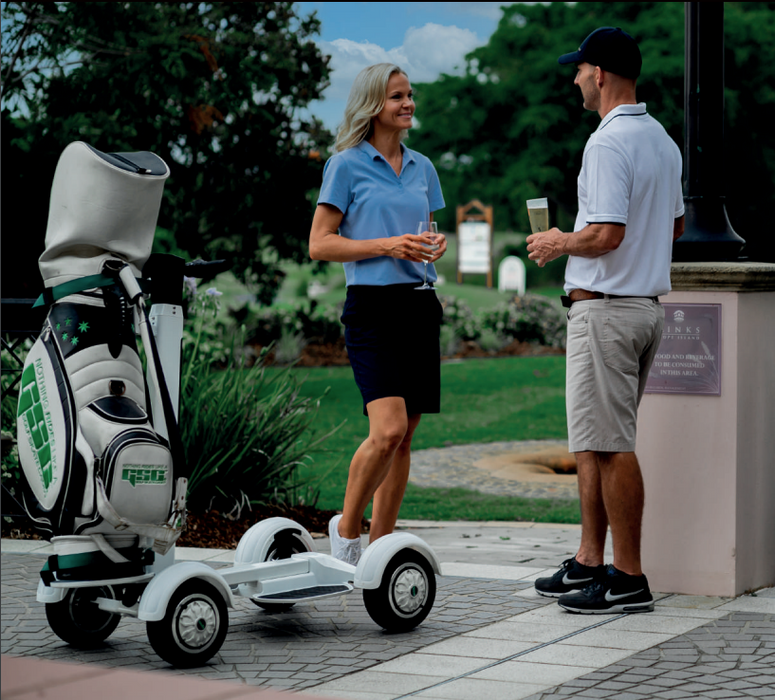 This is the NEW 2023 Golf Skate Caddy (GSC) Tourer. After the success of the V3, GSC followed up with the Tourer Model that stands in a more traditional forward stance as opposed to the "skateboard style" V3. Not only is it fun to ride but golfers of all ages will experience a faster-paced game. The GSC TOURER™ rider can ‘ride the turf’ cruising to their own ball, without having to wait for their co-player as in a traditional golf cart. 