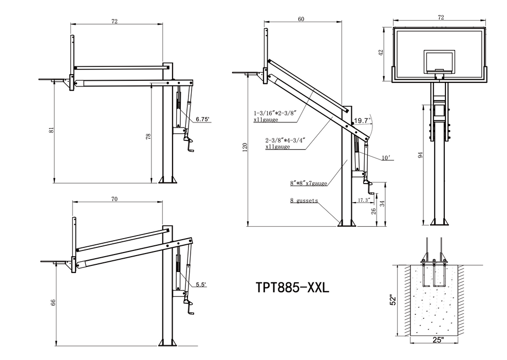 Ironclad 72" Triple Threat Adjustable Height Basketball Hoop TPT885-XXL The Triple Threat TPT885-XXL is a standout design, strongest of its kind! The Triple Threat TPT885-XXL is our biggest and best! For anyone planning a regulation full court or half court, this is the perfect sized unit. 