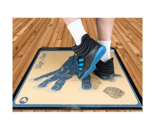 Slipp-Nott Large Traction Set:   1 Large Base with natural vulcanized rubber backing that protects floor and stays in place 1 Mat of 30 Adhesive Sheets Suggested use includes home basketball and volleyball games, large facilities, tournament hosts. Typical basketball game usage is 2-4 large sheets  Specifications:  Base: 28″ x 29″ x 5/16″ thick Mat: 26″ x 26″