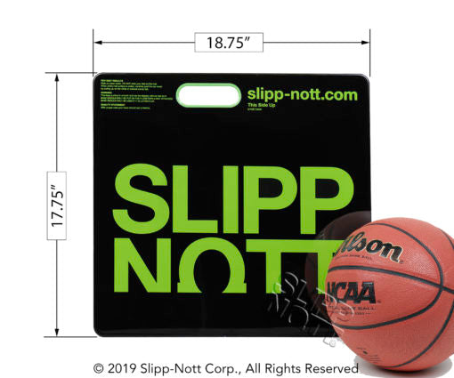 Slipp-Nott® The Original Sports Traction Set (Small) 18"x19". Perfect for all sports played on indoor courts like basketball, volleyball, racquetball, fencing, and more. Also works great at health/fitness centers and aerobics facilities.  What’s Included: 1 Small Base with TPE (thermoplastic elastomer) rubbery backing to protect floors and keep base in place 1 Small Mat of 75 Adhesive Sheets Typical basketball game usage is 3-6 small sheets.  Replacement mats are available separately. 