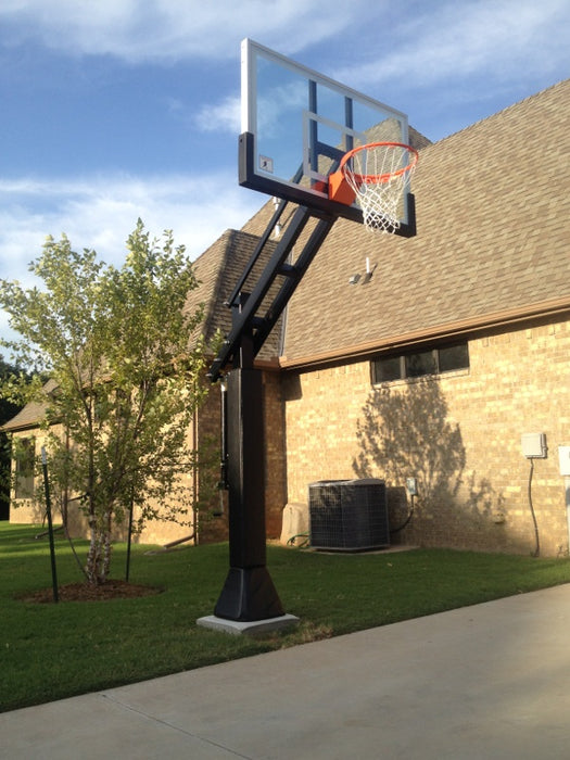 Ironclad 54" Triple Threat Adjustable Height  Basketball Hoop TPT553-MD  The Ironclad Triple Threat TPT553-MD basketball system is the best combination of durability and affordability of any of the Ironclad adjustable goals. This unit fits any driveway or downsized backyard court perfectly. It's 54" wide backboard is wide enough to accommodate any angle bank shot. The heavy duty H-Frame backboard support eliminates risk of backboard breakage from hanging on the rim.