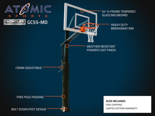 Ironclad 54" Gamechanger In-Ground Adjustable Basketball Hoop GC55-MD The GC55-MD Basketball System is an in ground basketball hoop designed for aggressive basketball action. Its one-piece 5"x5" pole is far superior in strength to competitors two-piece design. The GC55-MD includes a convenient anchor bolt mounting system that makes it easy to level or relocate the basketball goal.