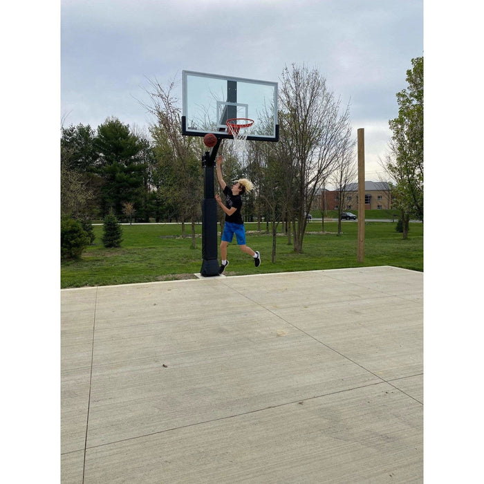 Ironclad Highlight Hoops 42"x72" Fixed Height Glass Backboard In-Ground Basketball Hoop HIL664-XXL The HIL664-XXL is a great goal for those who are wanting a regulation tempered glass backboard but do not need easy height adjustment. This unit features a sturdy 6" bolt-down post and a regulation size 42"x72" backboard. 