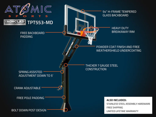 Ironclad 54" Triple Threat Adjustable Height  Basketball Hoop TPT553-MD  The Ironclad Triple Threat TPT553-MD basketball system is the best combination of durability and affordability of any of the Ironclad adjustable goals. This unit fits any driveway or downsized backyard court perfectly. It's 54" wide backboard is wide enough to accommodate any angle bank shot. The heavy duty H-Frame backboard support eliminates risk of backboard breakage from hanging on the rim.