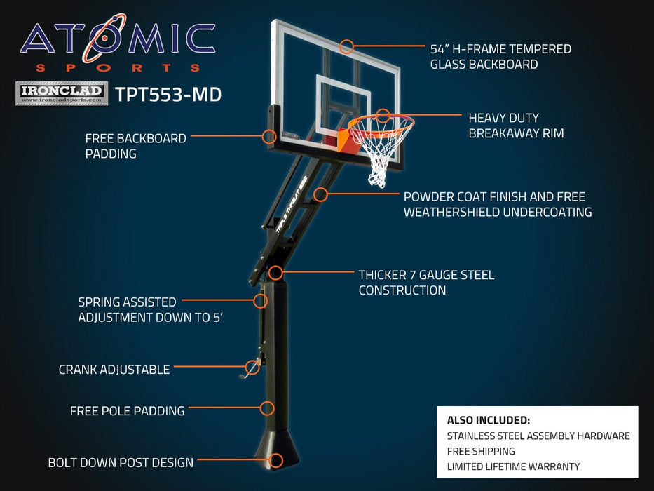 Ironclad 54" Triple Threat Adjustable Height  Basketball Hoop TPT553-MD  The Ironclad Triple Threat TPT553-MD basketball system is the best combination of durability and affordability of any of the Ironclad adjustable goals. This unit fits any driveway or downsized backyard court perfectly. It's 54" wide backboard is wide enough to accommodate any angle bank shot. The heavy duty H-Frame backboard support eliminates risk of backboard breakage from hanging on the rim.