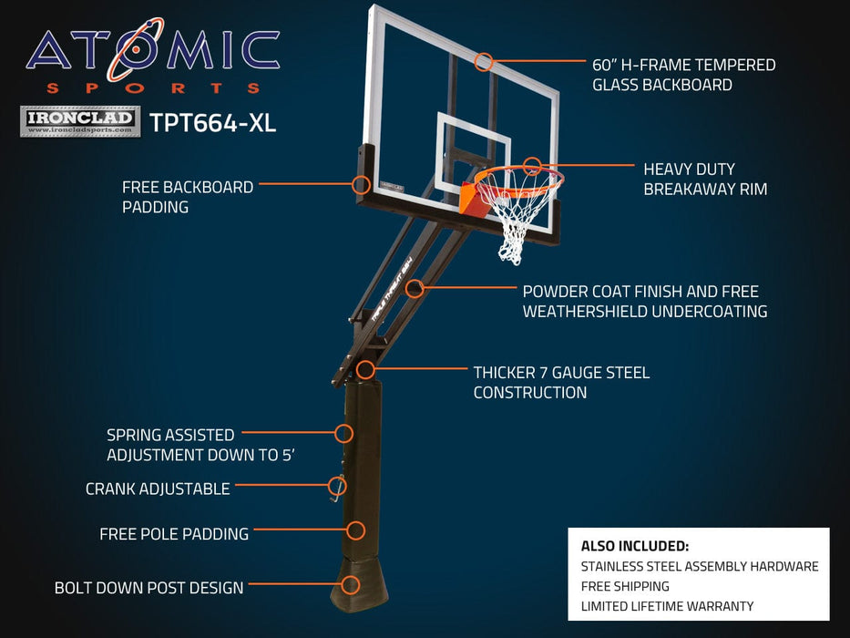 Ironclad 60" Triple Threat Adjustable Height Basketball Hoop TPT664-XL  The Triple Threat TPT664-XL is a standout design.  This unit features an extra rigid 6"x6" post that is much thicker than in store brands. The unit includes a double spring assist which means you get twice the lifting power when cranking the backboard so any age can raise and lower the rim. 