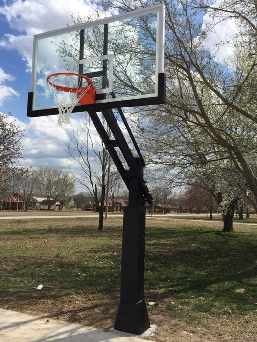 Ironclad 72" Triple Threat Adjustable Height Basketball Hoop TPT684-XXL The Triple Threat TPT684-XXL is a standout design.  If you want to play on the same size the pros play on, now is your chance!  This unit features an extra rigid 6"x8" post that is much thicker than in store brands. The unit includes a double spring assist which means you get twice the lifting power when cranking the backboard so any age can raise and lower the rim.